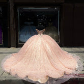 Off-Shoulder Ball Gown 3D Floral Applique & Beaded Pink Tulle Quinceanera Dress for Princess Parties & Sweet 16 Celebrations